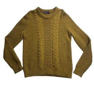 Gap Mens Large Lambswool Blend Cable Knit Sweater Mustard Yellow Crew Neck